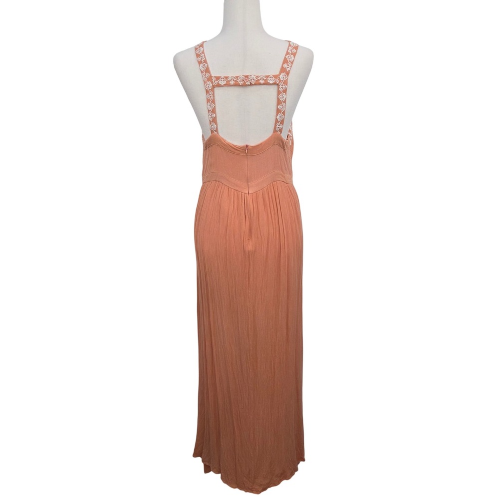En Creme Orange Rayon Maxi Dress Large Embroidered Floral Halter Boho Summer - Picture 3 of 16